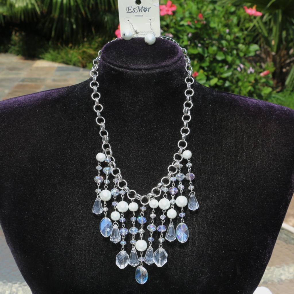 Elegant Faux Pearl Boho Silvertone Necklace Set